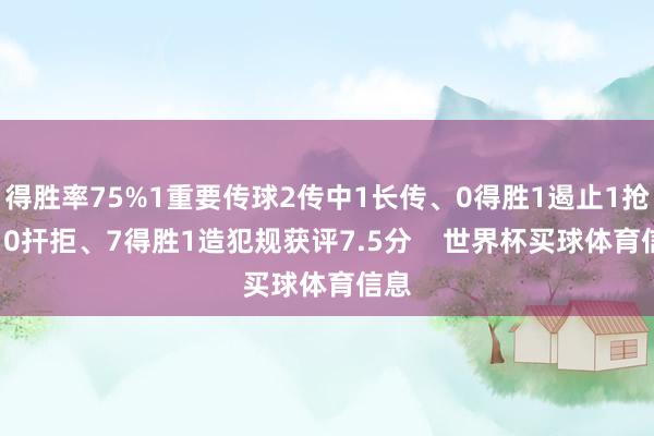 得胜率75%1重要传球2传中1长传、0得胜1遏止1抢断10扞拒、7得胜1造犯规获评7.5分    世界杯买球体育信息
