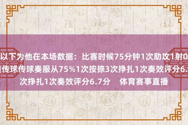 以下为他在本场数据：比赛时候75分钟1次助攻1射0正24次触球1次要道传球传球奏服从75%1次按捺3次挣扎1次奏效评分6.7分    体育赛事直播